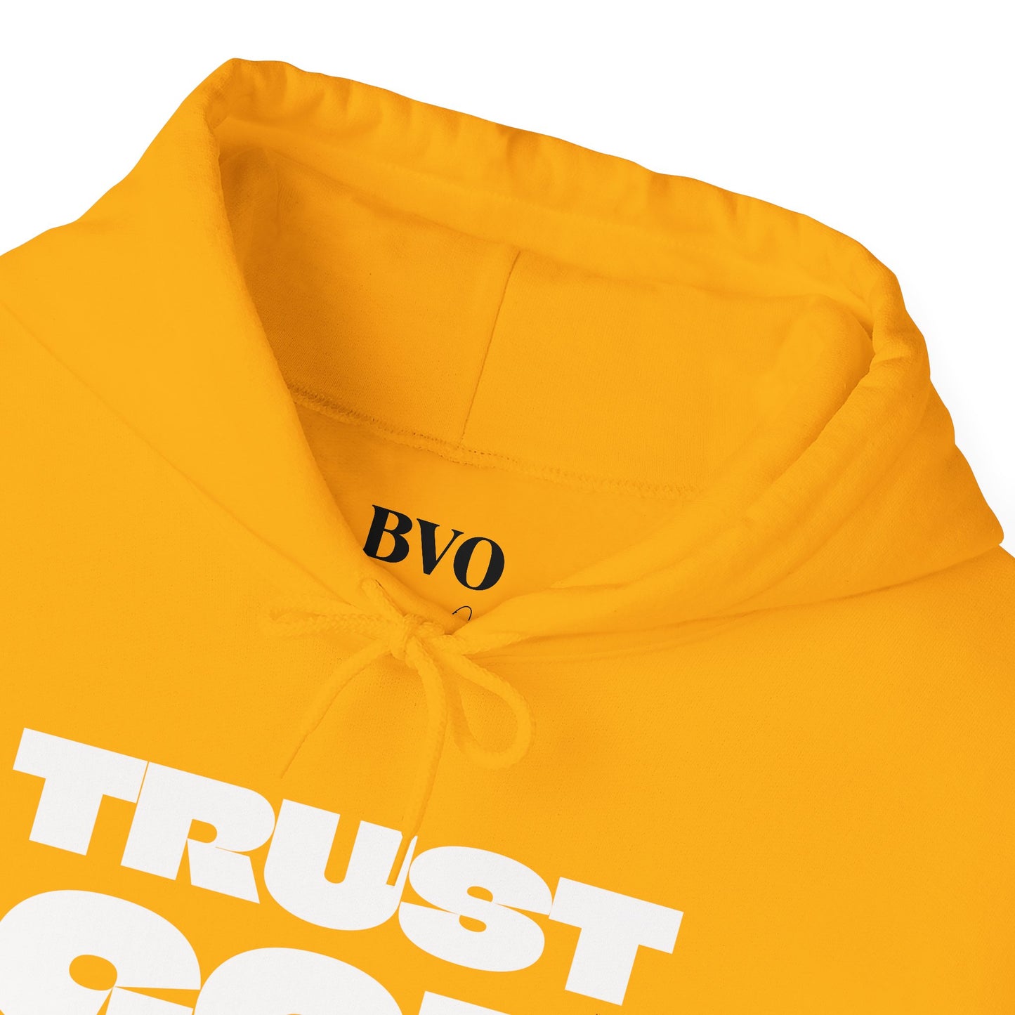 Trust God Yellow Gold Hoodie — "Trust the Process" Faith Graphic Hooded Sweatshirt