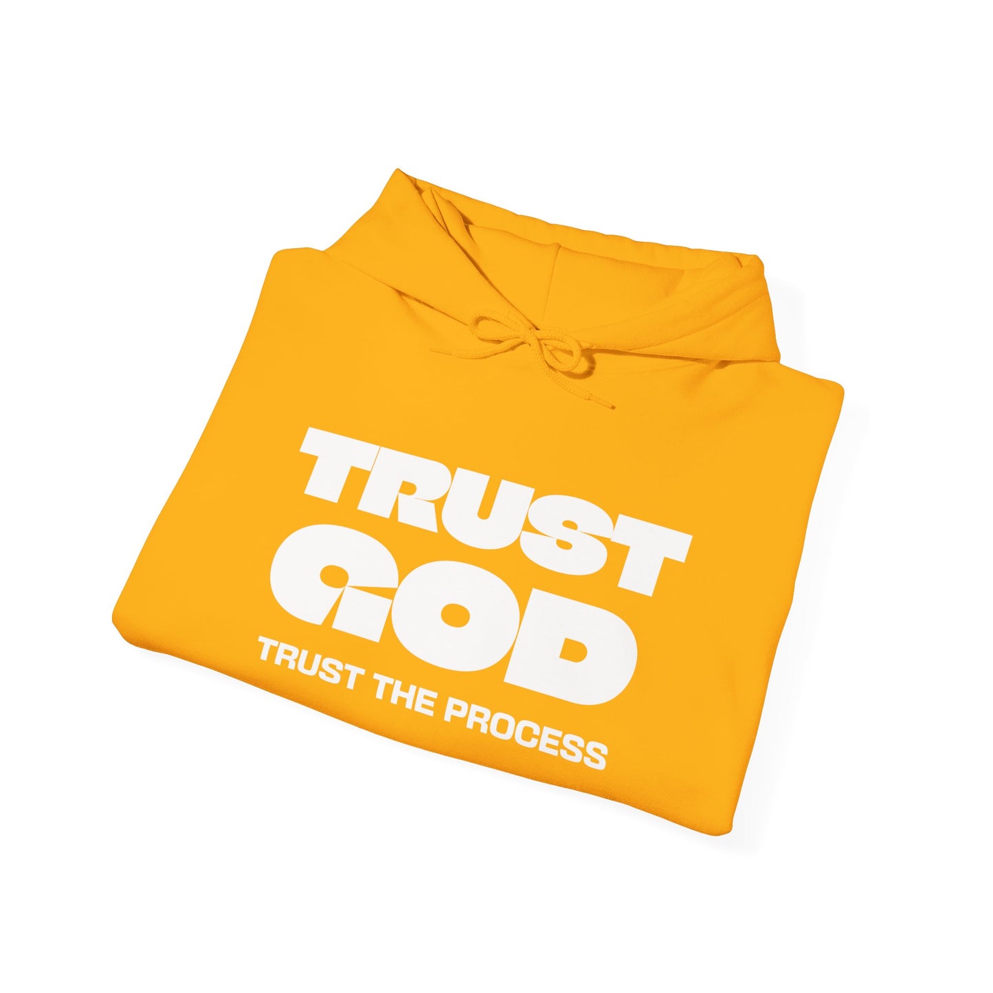 Trust God Yellow Gold Hoodie — "Trust the Process" Faith Graphic Hooded Sweatshirt