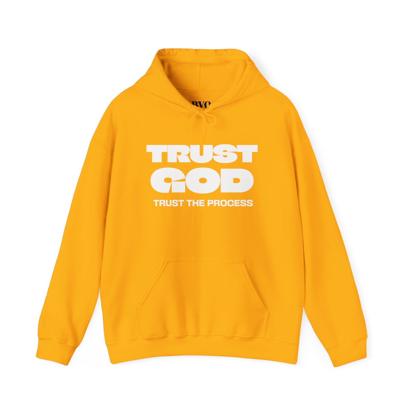 Trust God Yellow Gold Hoodie — "Trust the Process" Faith Graphic Hooded Sweatshirt