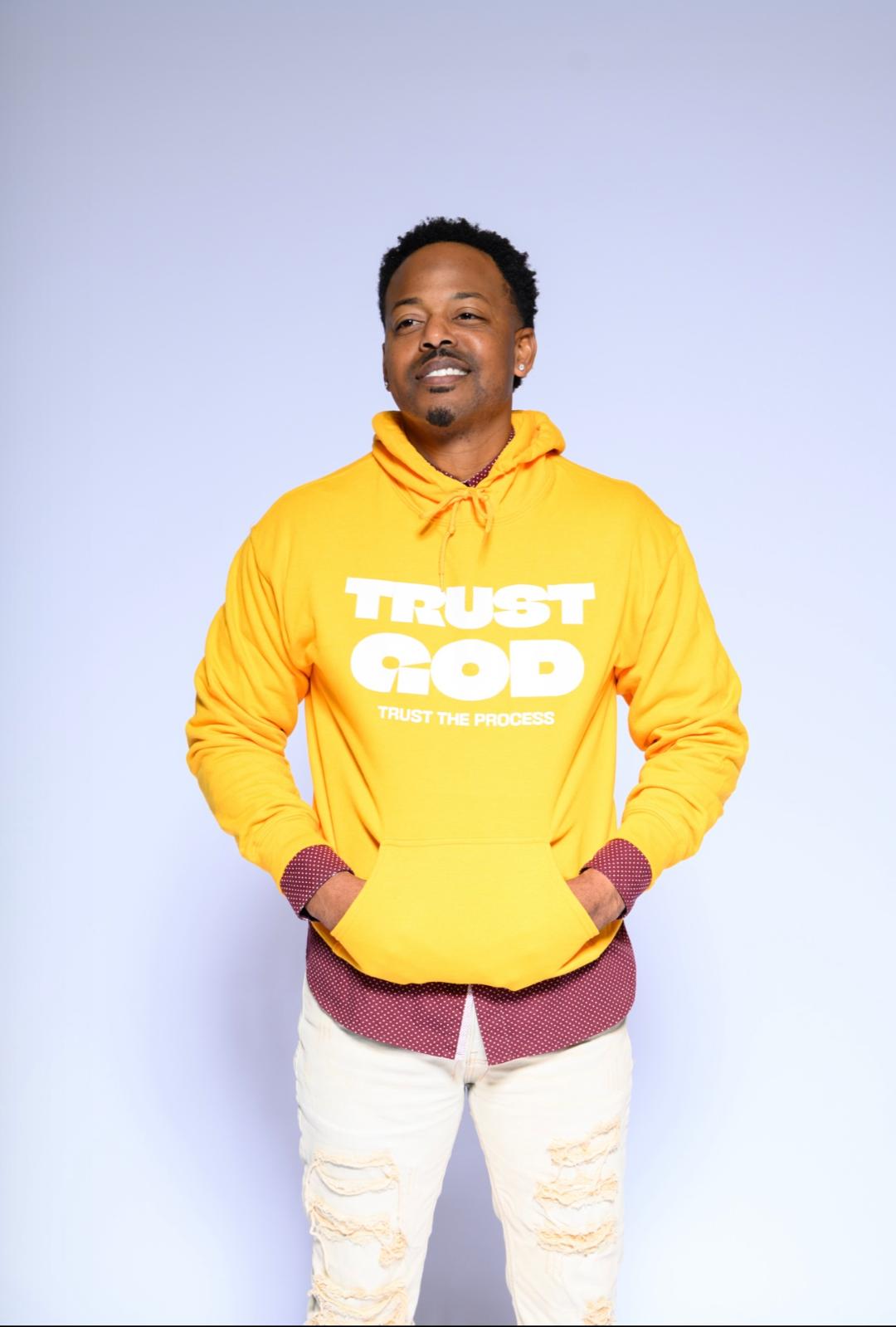 Trust God Yellow Gold Hoodie — "Trust the Process" Faith Graphic Hooded Sweatshirt