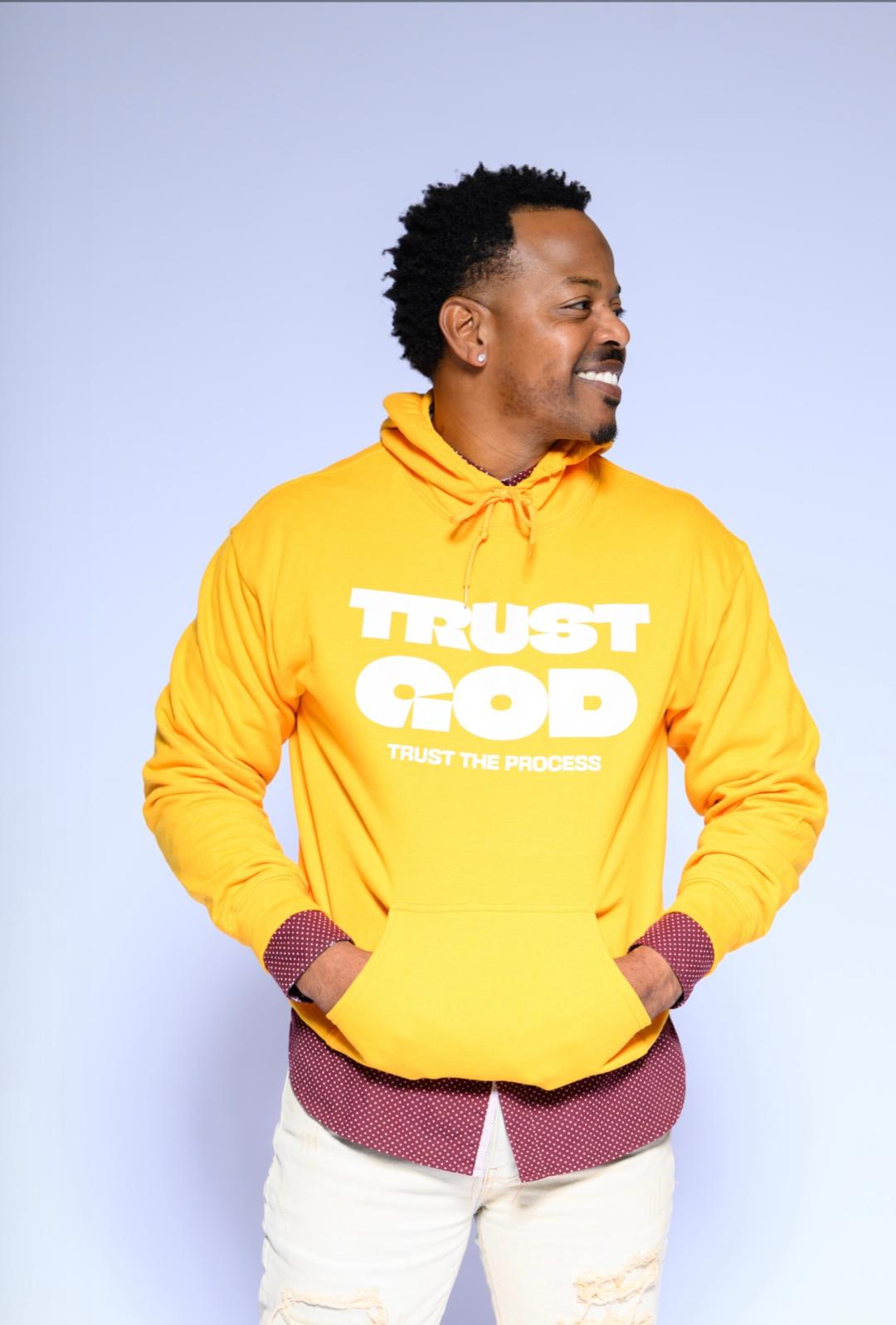 Trust God Yellow Gold Hoodie — "Trust the Process" Faith Graphic Hooded Sweatshirt